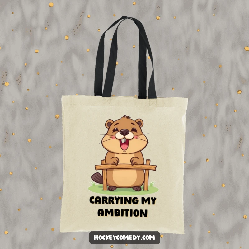 Funny tote bag adorned with an excited beaver actively building a miniature goalpost, perfect for carrying essentials with flair.