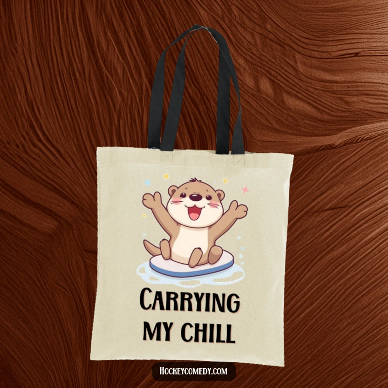 Funny happy otter character sliding joyfully on ice, sturdy tote bag.