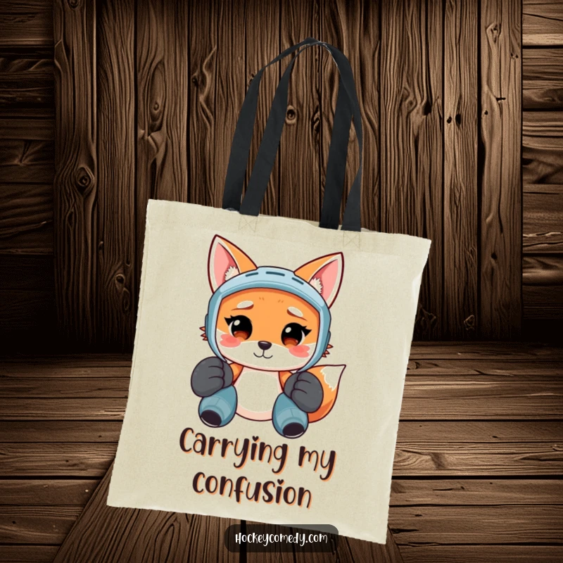 Funny tote bag showcasing a smiling fox in oversized hockey pads, looking bewildered and lost, perfect for everyday use.