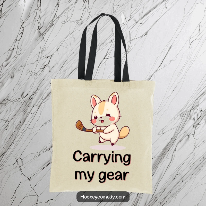 Funny animal hockey tote bag showcasing a small animal cheerfully swinging a miniature hockey stick, a sporty and fun accessory. Great funny gift.