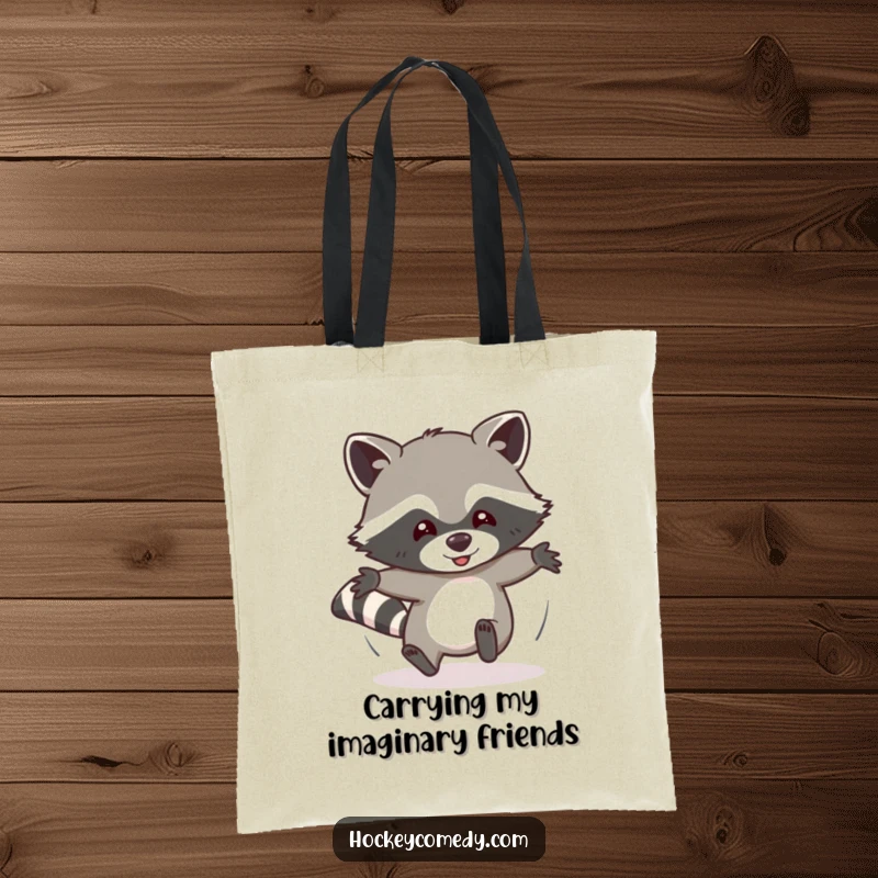 Funny tote bag featuring a determined raccoon humorously sliding headfirst, highlighting its playful spirit and adventurous, comical nature.