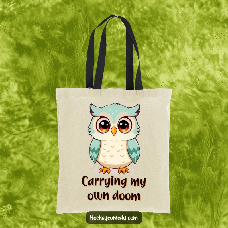 Funny owl tote bag, a surprised owl with wide eyes, about to be hit by a hockey puck, practical and humorous, ideal accessory gift.