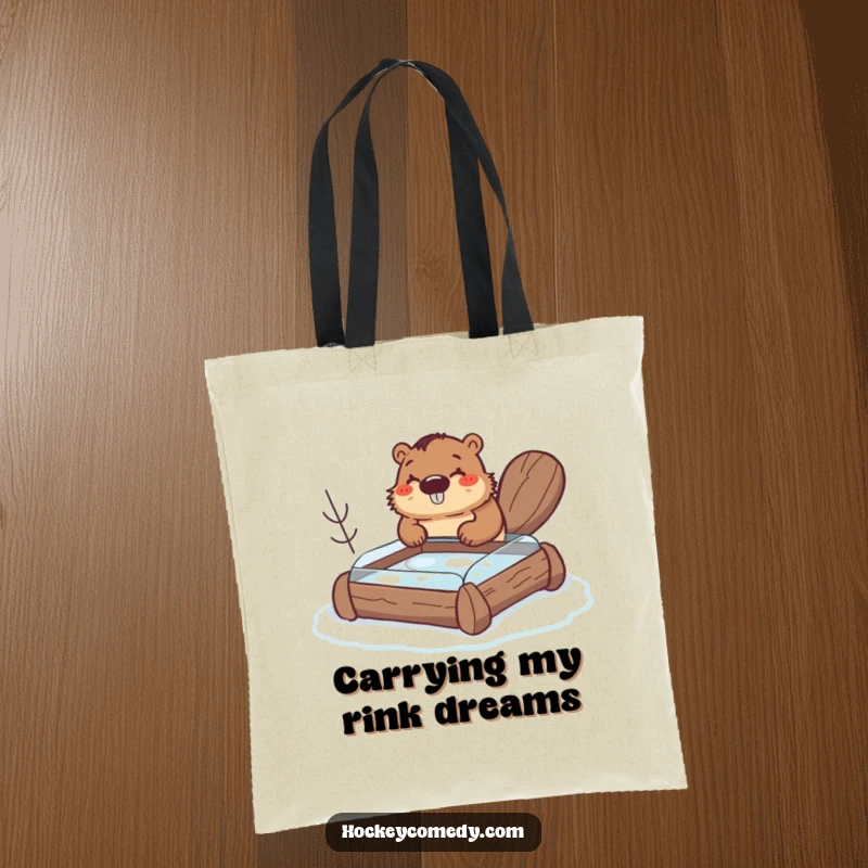 Funny beaver tote bag, a happy beaver building a small hockey rink from logs, practical and humorous, ideal accessory gift.