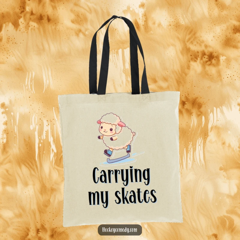 Funny tote bag adorned with a fluffy sheep gracefully ice skating, adding humor and charm to everyday carry.