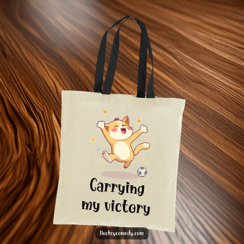Funny tote bag showcasing an energetic animal leaping in ecstatic celebration of scoring a goal, perfect for carrying joy.