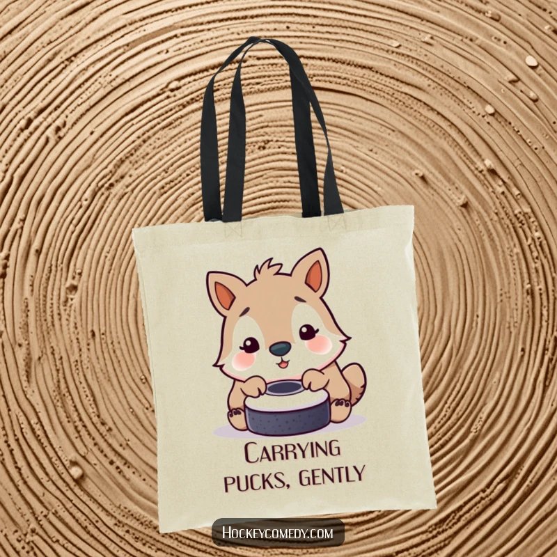 Funny tote bag depicting an animal using its nose to playfully nudge a hockey puck, highlighting gentle interaction.