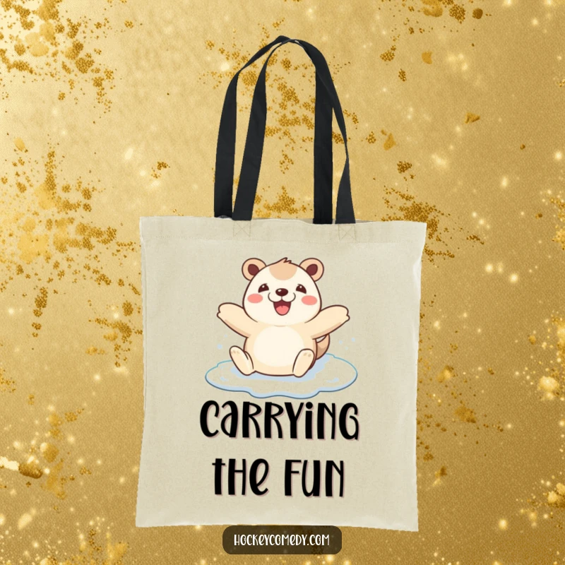 Funny happy animal arms wide on a tote bag, ice skating with pure joy, a cheerful winter accessory.