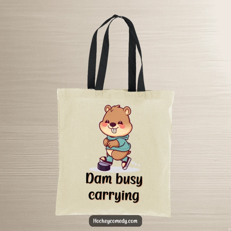 Funny Tote Bag showing a cheerful beaver skillfully skating backwards with a hockey puck, perfect for carrying essentials with a humorous touch.