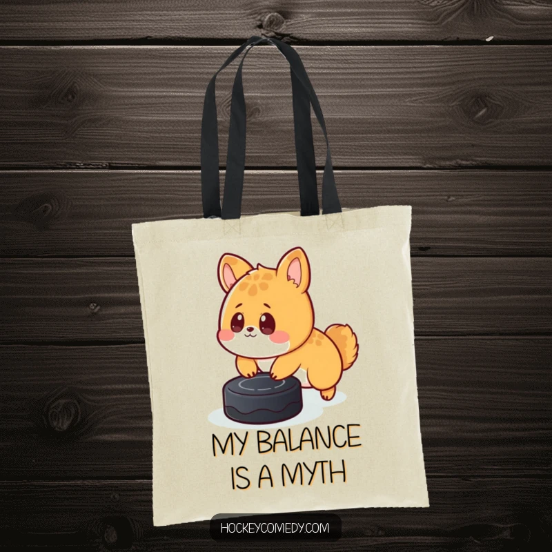 Funny tote bag featuring a cute, surprised animal tripping over a hockey puck, perfect for carrying humor and essentials.