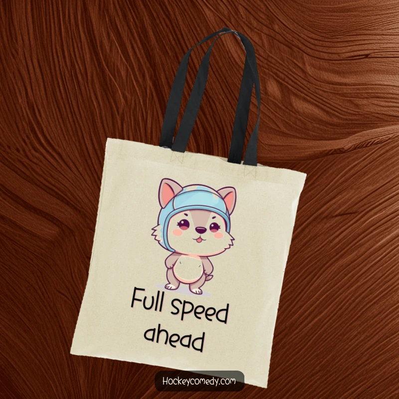 Funny tote bag showcasing a determined animal in a tiny helmet, mid-slapshot, perfect for carrying hockey essentials and humor.