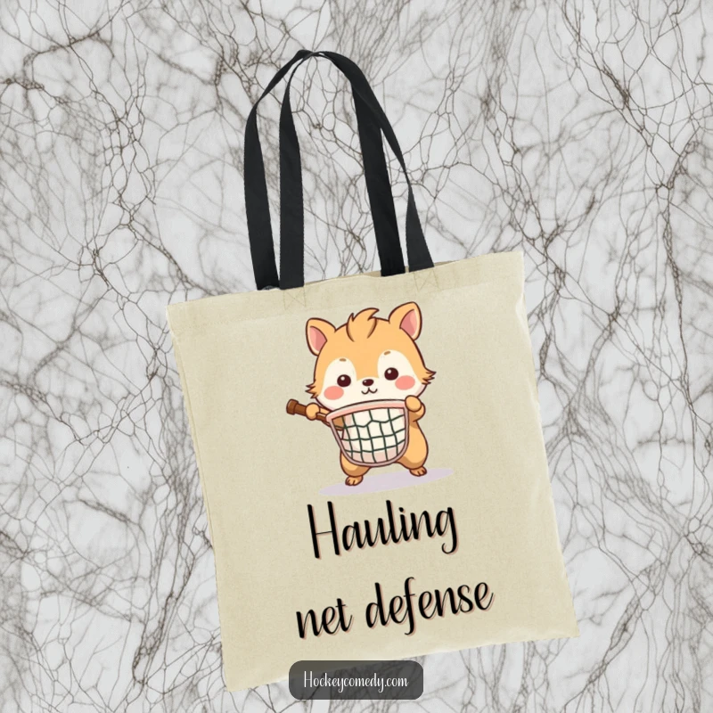 Funny tote bag with a brave animal standing guard, determinedly defending a small hockey net, symbolizing resilience.