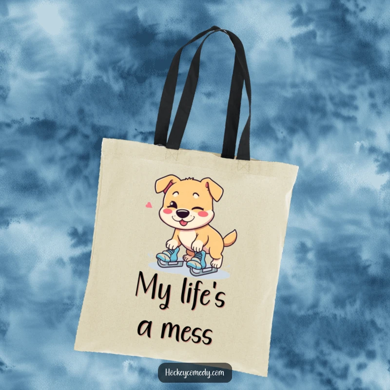 Funny dog character tripping on skates with a wink, durable tote bag.