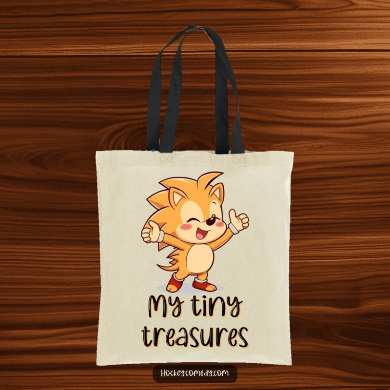 Funny tote bag showcasing a cheerful hedgehog character in a jubilant victory dance pose after scoring a triumph.