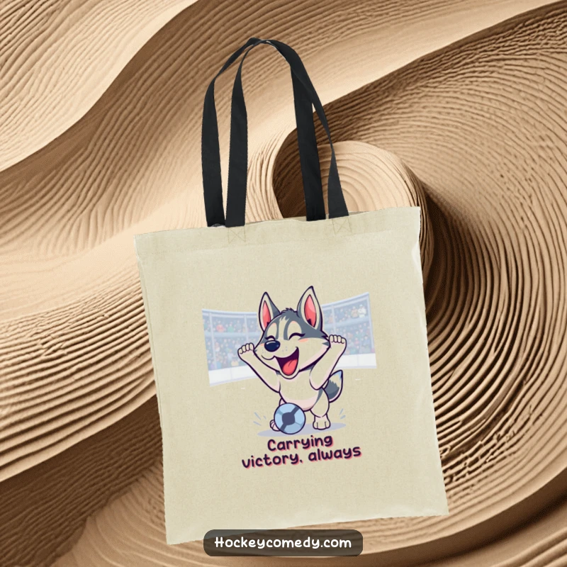 Funny husky tote bag depicting a soccer goal with a triumphant roar, a durable and hilarious carry-all, great funny gift.