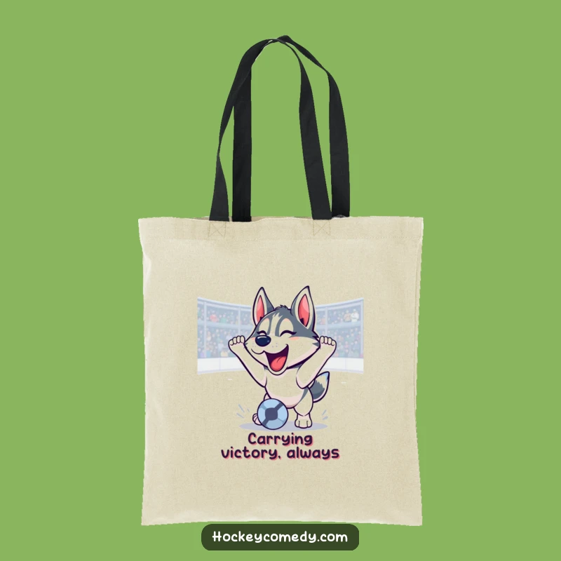 Funny Husky Goal Scorer Tote Bag: Triumphant Roar Carry-All, Ideal Funny Gift
