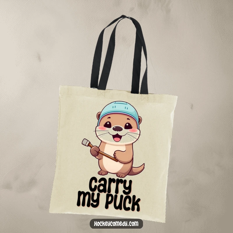 Funny tote bag with a cute otter wearing a hockey helmet and holding a stick, smiling, ready to carry anything.