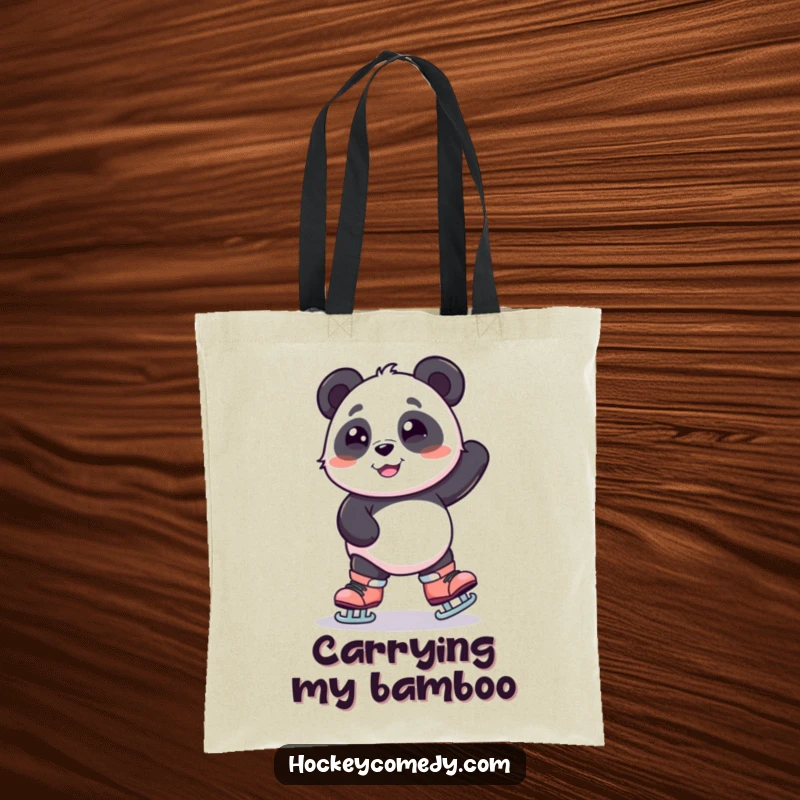 Funny tote bag with a smiling panda on oversized skates, humorously wobbling and balancing, ideal for carrying essentials with a smile.