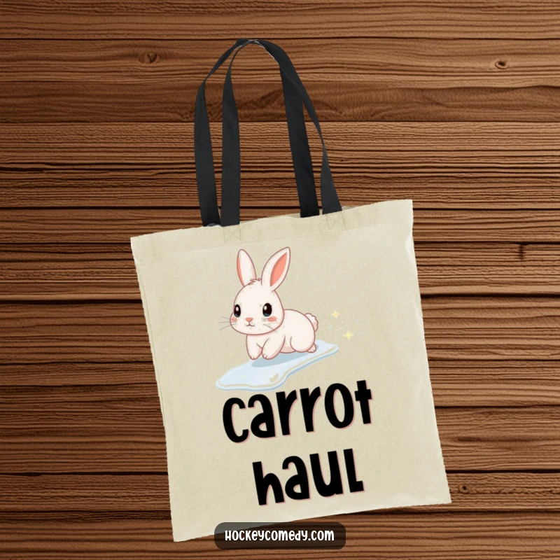 Funny tote bag illustrating a cute rabbit character ice skating gracefully, surrounded by a trail of shimmering sparkles.