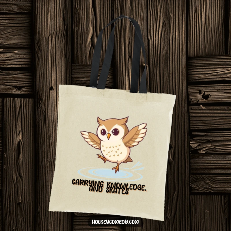 Funny tote bag adorned with a determined owl attempting a spin move on ice skates, perfect for carrying essentials with purpose.