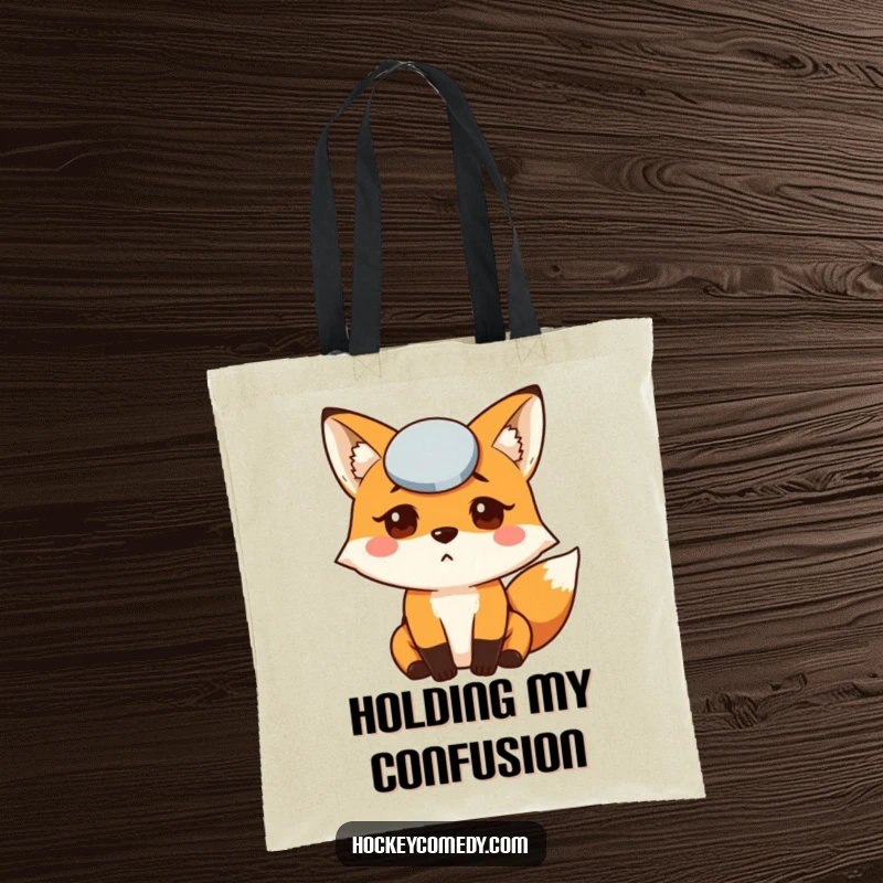 Funny Fox Puck Tote Bag with a bewildered fox with a puck on its forehead, perfect for carrying hockey gear and fan items.