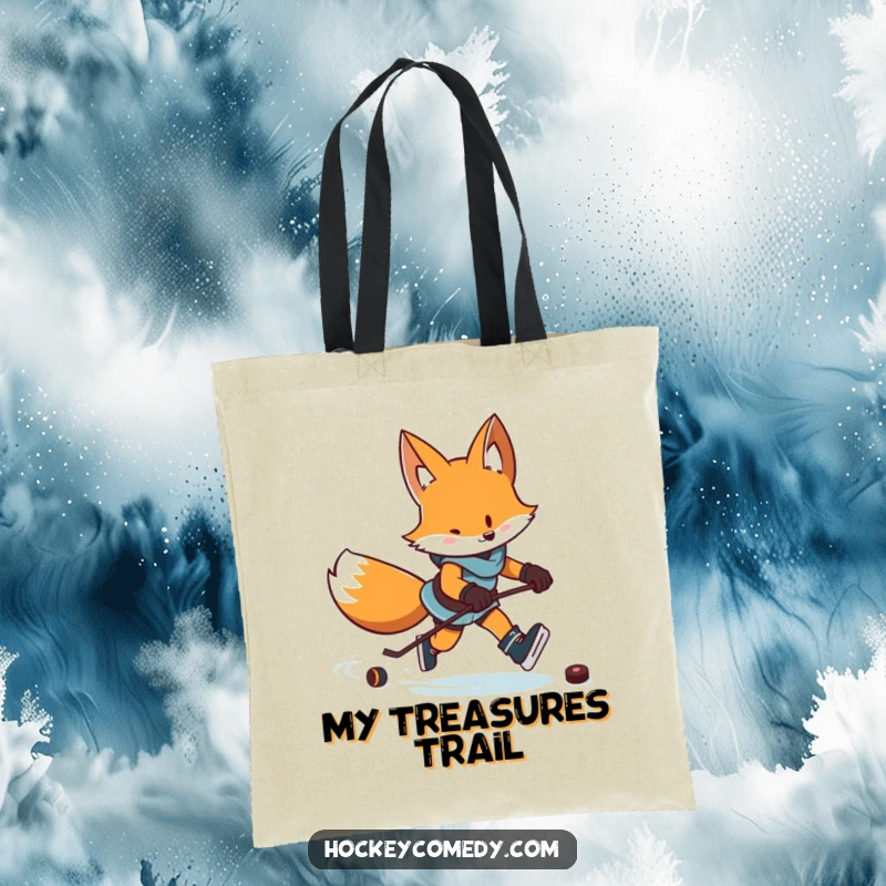 Funny tote bag featuring a determined fox skating with a puck, leaving a zigzag trail, full of energy.