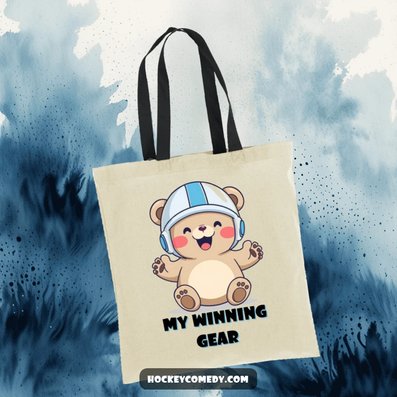 Funny Bear Goal Tote Bag with a jubilant bear celebrating a goal, perfect for carrying sports gear and fan essentials.