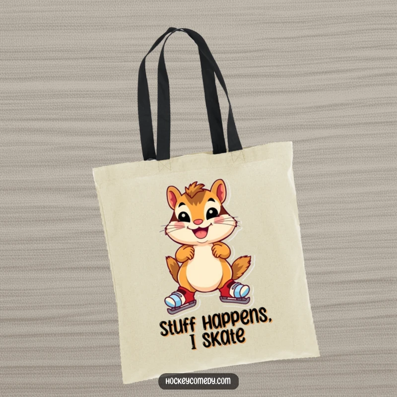Funny chipmunk tote bag, a cheerful chipmunk in oversized skates, wobbling gleefully, practical and humorous, ideal accessory gift.